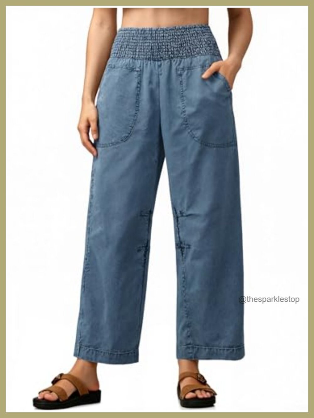 Smocked High Waisted Barrel Jeans Pull On Denim Pants